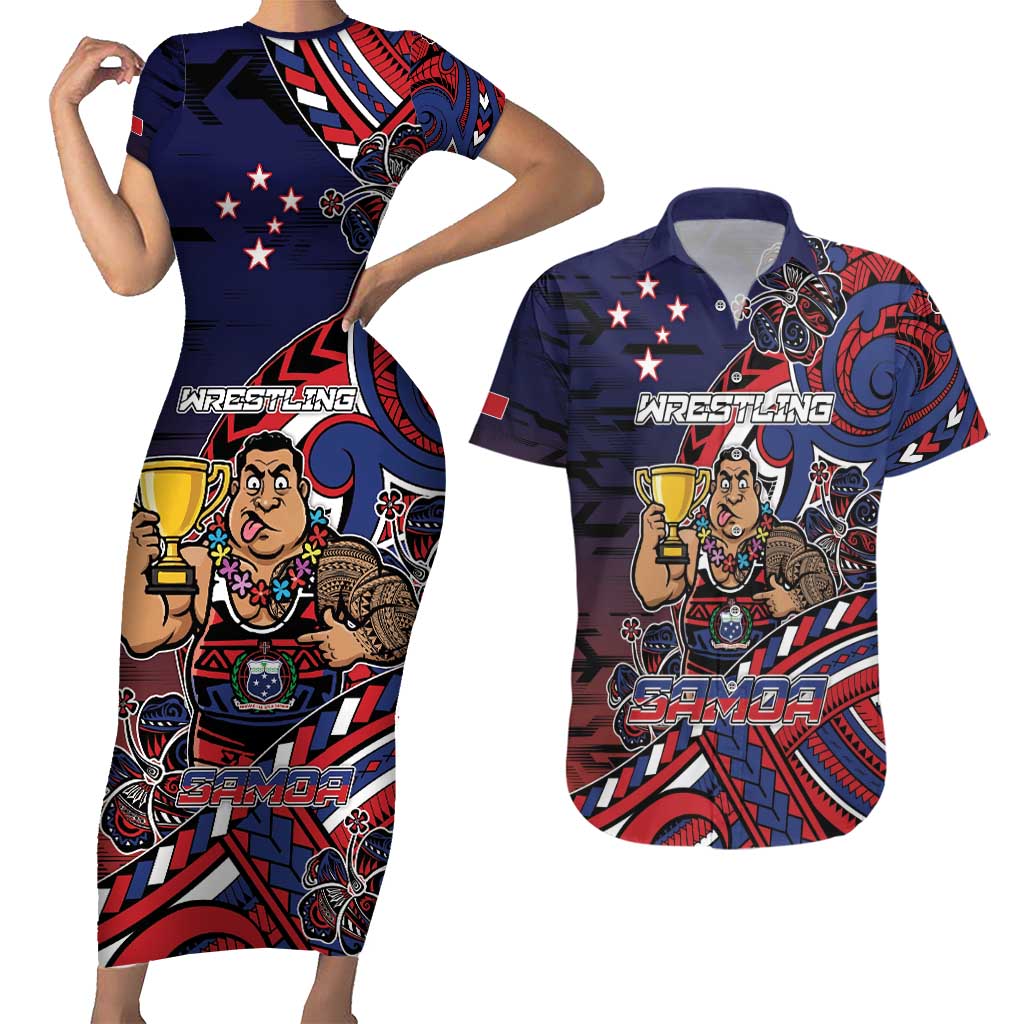 Personalised Samoa Wrestling Couples Matching Short Sleeve Bodycon Dress and Hawaiian Shirt Polynesian Warrior Funny Style - Polynesian Pride