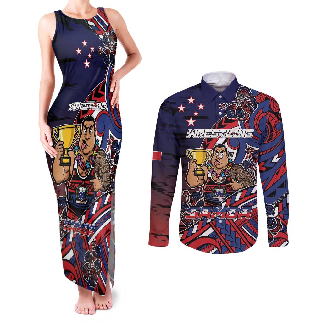 Personalised Samoa Wrestling Couples Matching Tank Maxi Dress and Long Sleeve Button Shirt Polynesian Warrior Funny Style - Polynesian Pride