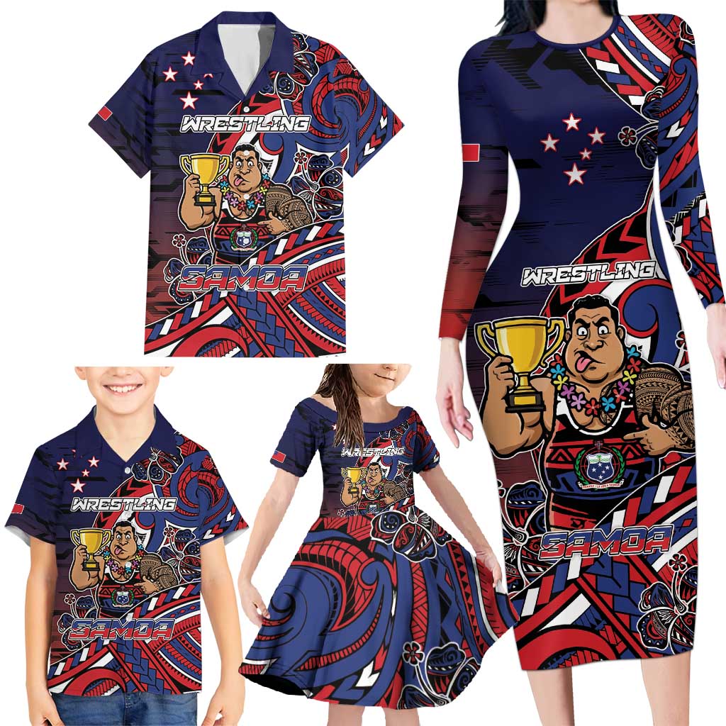 Personalised Samoa Wrestling Family Matching Long Sleeve Bodycon Dress and Hawaiian Shirt Polynesian Warrior Funny Style - Polynesian Pride