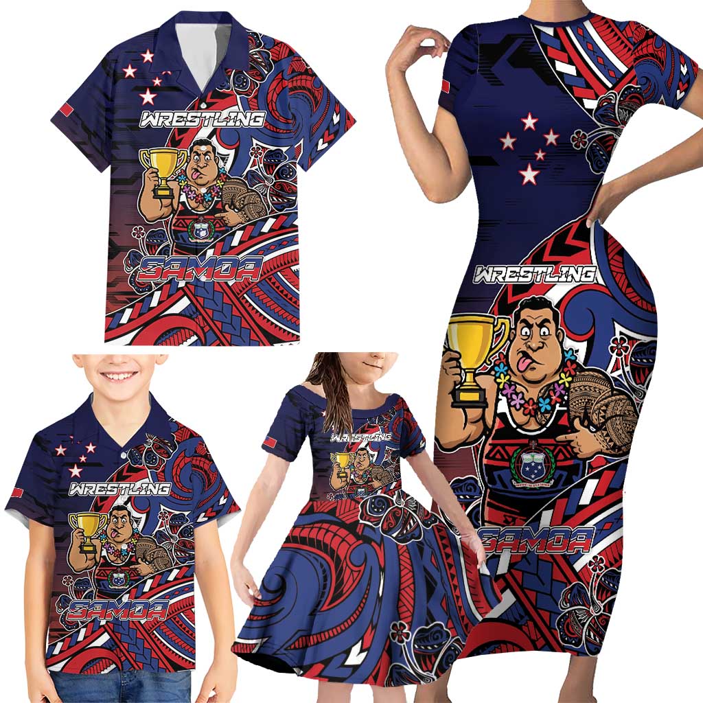 Personalised Samoa Wrestling Family Matching Short Sleeve Bodycon Dress and Hawaiian Shirt Polynesian Warrior Funny Style - Polynesian Pride