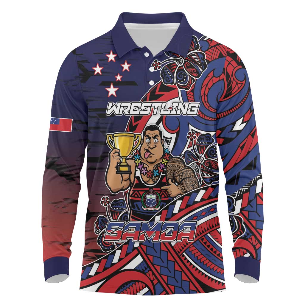 Personalised Samoa Wrestling Long Sleeve Polo Shirt Polynesian Warrior Funny Style - Polynesian Pride