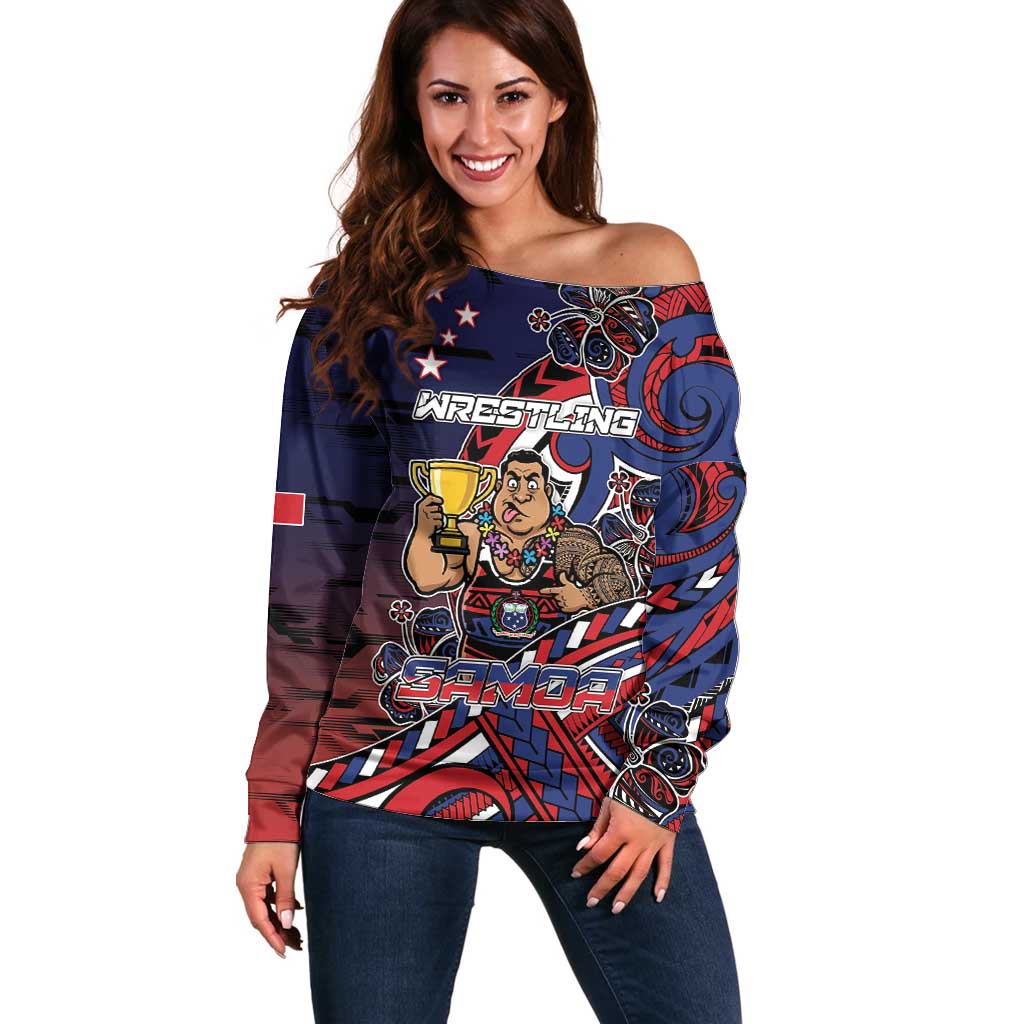 Personalised Samoa Wrestling Off Shoulder Sweater Polynesian Warrior Funny Style DT05 Women Navy - Polynesian Pride