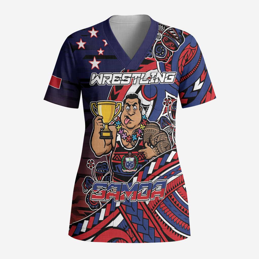 Personalised Samoa Wrestling Scrub Top Polynesian Warrior Funny Style - Polynesian Pride
