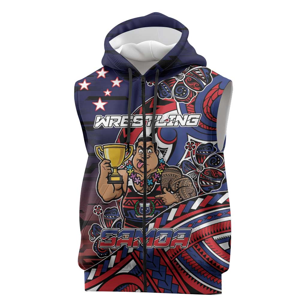 Personalised Samoa Wrestling Sleeveless Zip Hoodie Polynesian Warrior Funny Style DT05 Navy - Polynesian Pride
