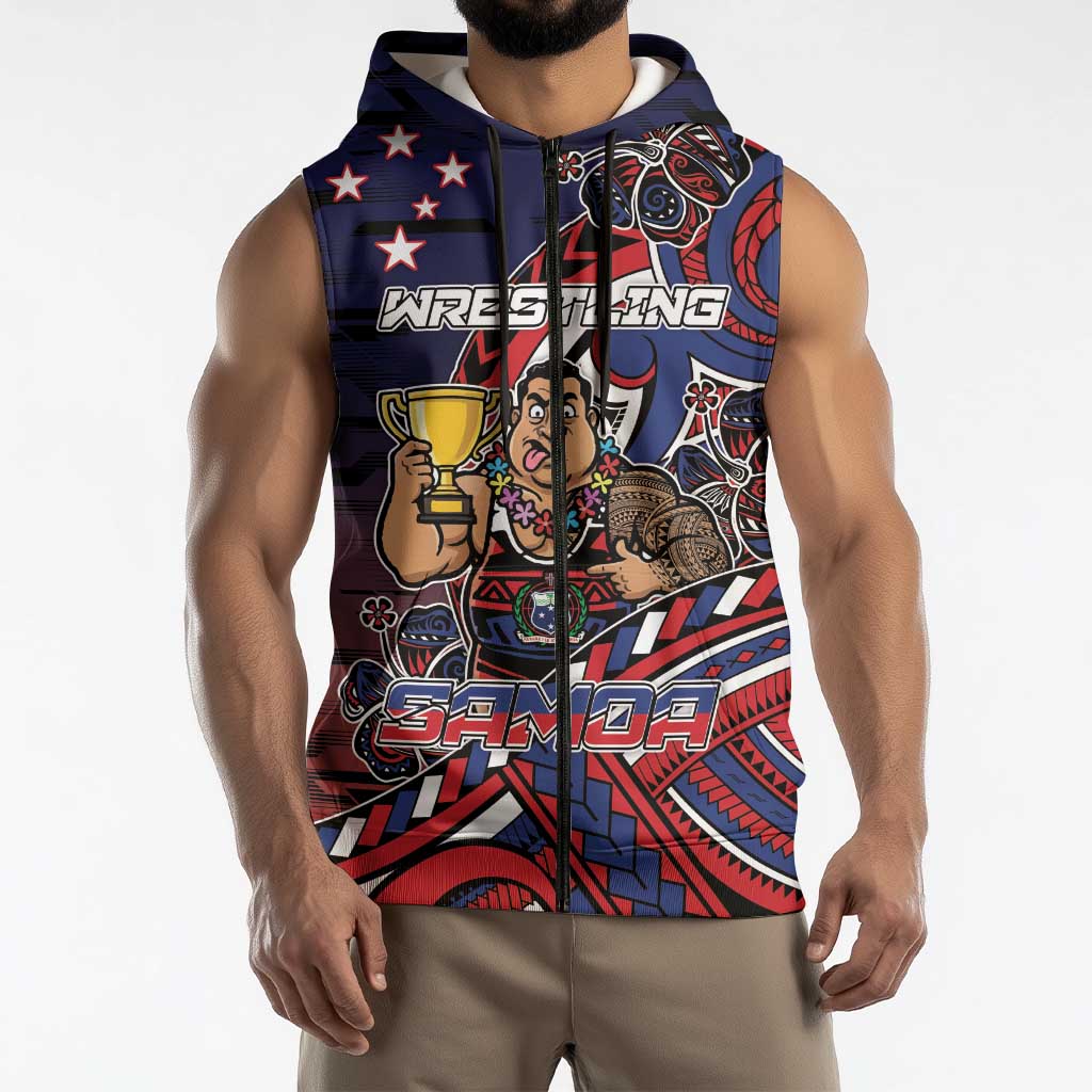Personalised Samoa Wrestling Sleeveless Zip Hoodie Polynesian Warrior Funny Style - Polynesian Pride