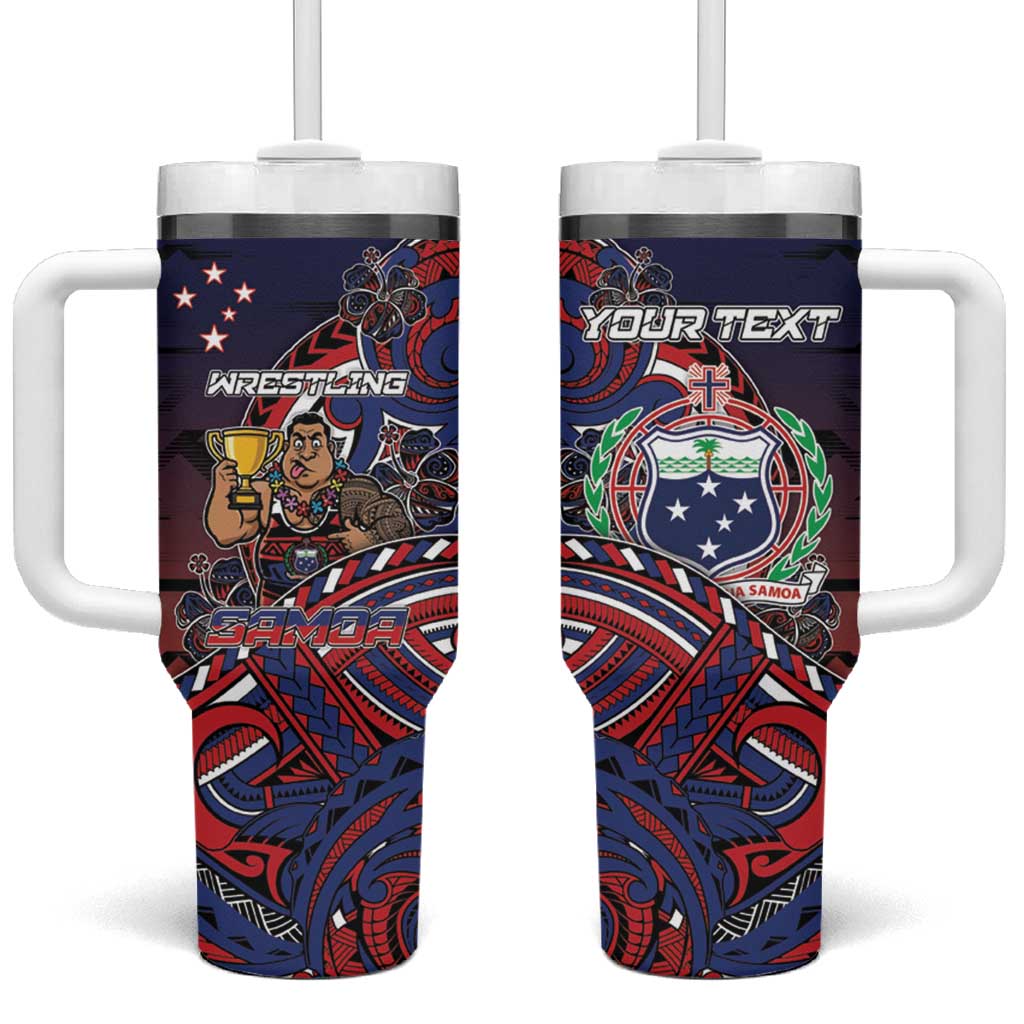 Personalised Samoa Wrestling Tumbler With Handle Polynesian Warrior Funny Style DT05 One Size: 40 oz Navy - Polynesian Pride
