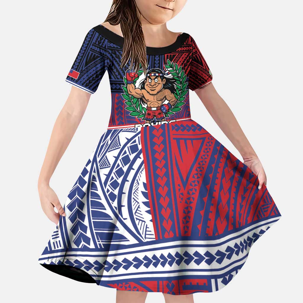 Personalised Samoa Boxing Family Matching Puletasi and Hawaiian Shirt Samoan Boxer Funny Style DT05 Daughter's Dress Red - Polynesian Pride