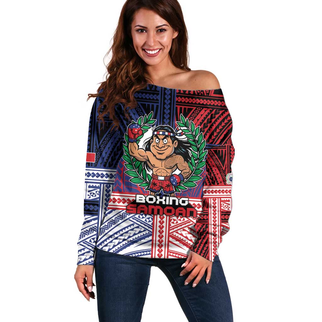 Personalised Samoa Boxing Off Shoulder Sweater Samoan Boxer Funny Style DT05 Women Red - Polynesian Pride