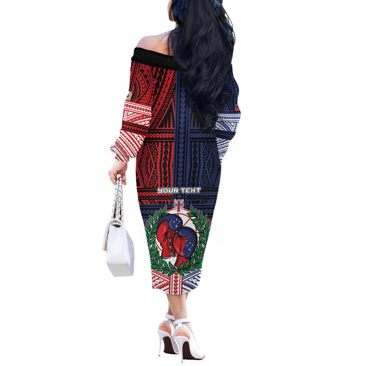 Personalised Samoa Boxing Off The Shoulder Long Sleeve Dress Samoan Boxer Funny Style - Polynesian Pride