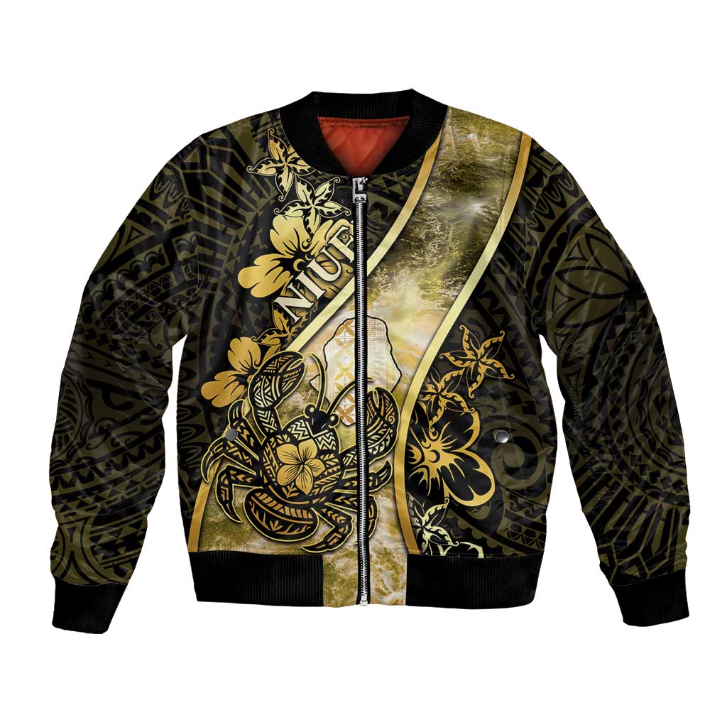 Personalised Niue Bomber Jacket Niuean Crab Waves Style DT05 Unisex Gold - Polynesian Pride