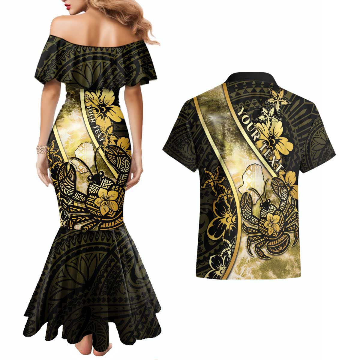 Personalised Niue Couples Matching Mermaid Dress and Hawaiian Shirt Niuean Crab Waves Style