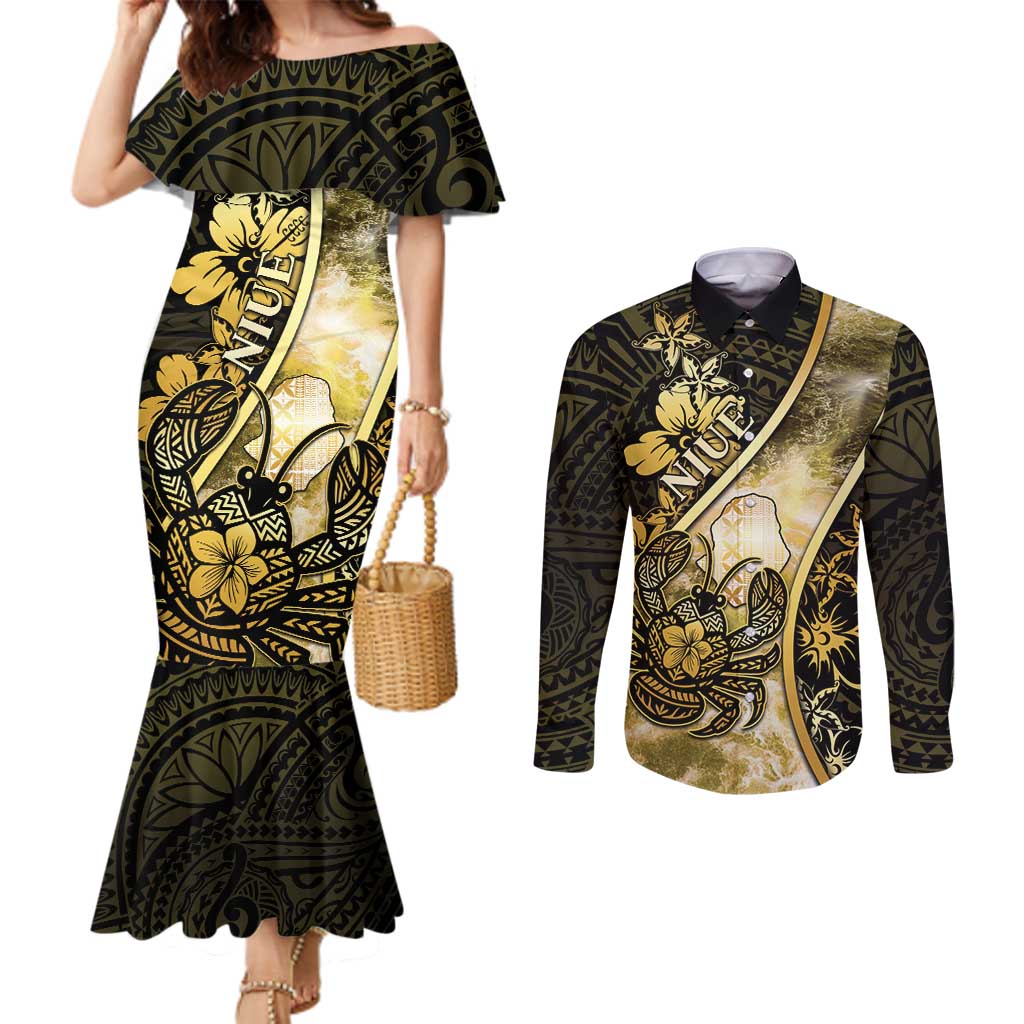 Personalised Niue Couples Matching Mermaid Dress and Long Sleeve Button Shirt Niuean Crab Waves Style DT05 Gold - Polynesian Pride