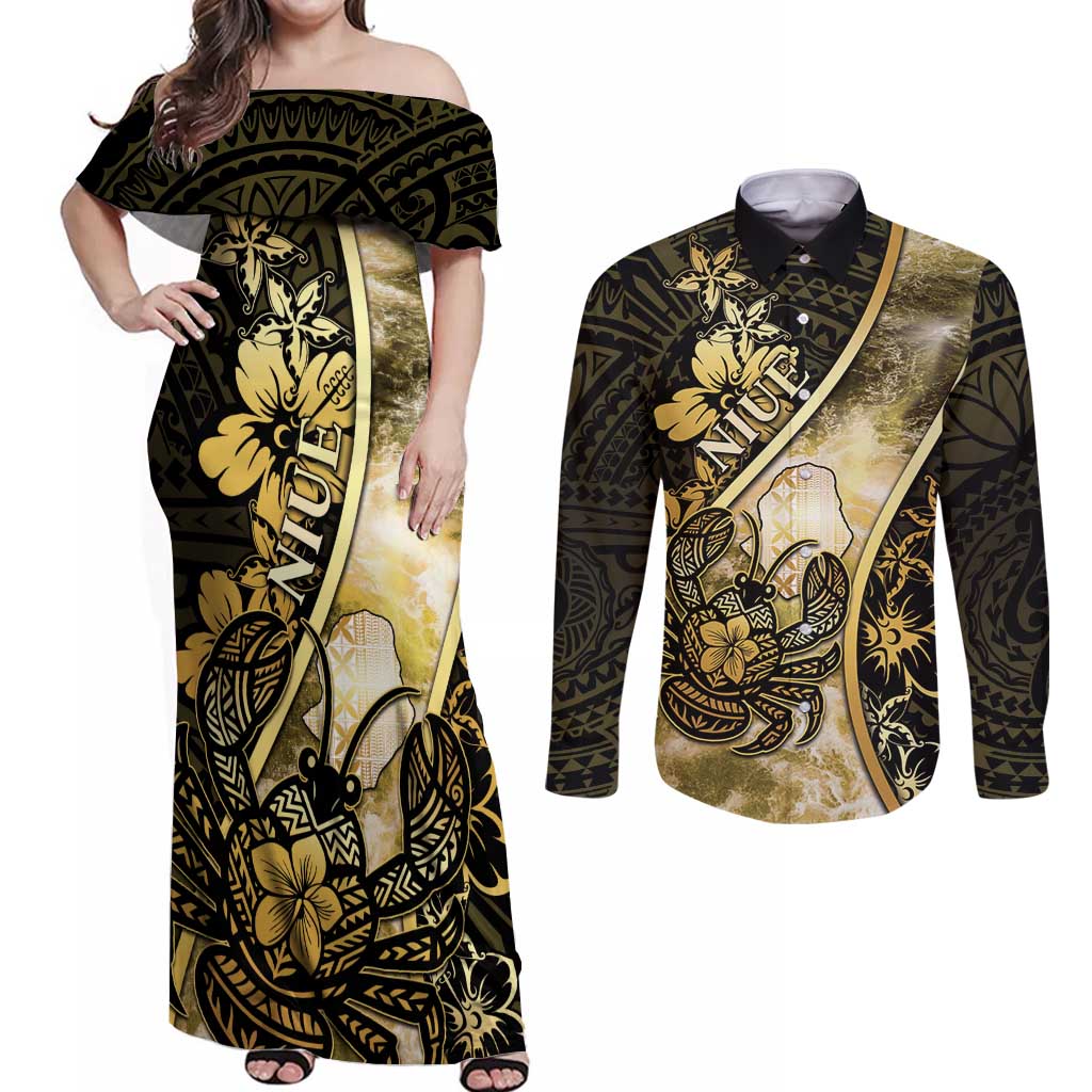 Personalised Niue Couples Matching Off Shoulder Maxi Dress and Long Sleeve Button Shirt Niuean Crab Waves Style DT05 Gold - Polynesian Pride