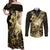 Personalised Niue Couples Matching Off Shoulder Maxi Dress and Long Sleeve Button Shirt Niuean Crab Waves Style