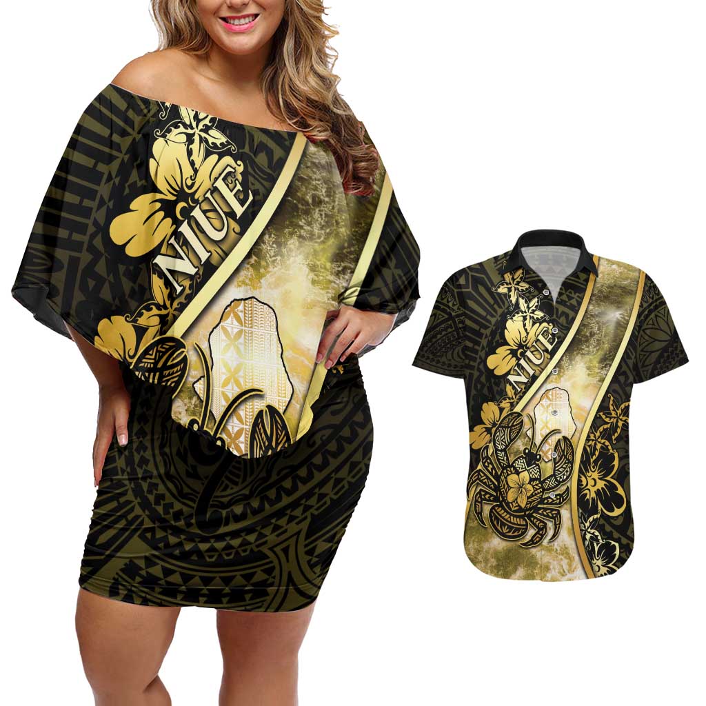 Personalised Niue Couples Matching Off Shoulder Short Dress and Hawaiian Shirt Niuean Crab Waves Style DT05 Gold - Polynesian Pride