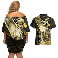 Personalised Niue Couples Matching Off Shoulder Short Dress and Hawaiian Shirt Niuean Crab Waves Style