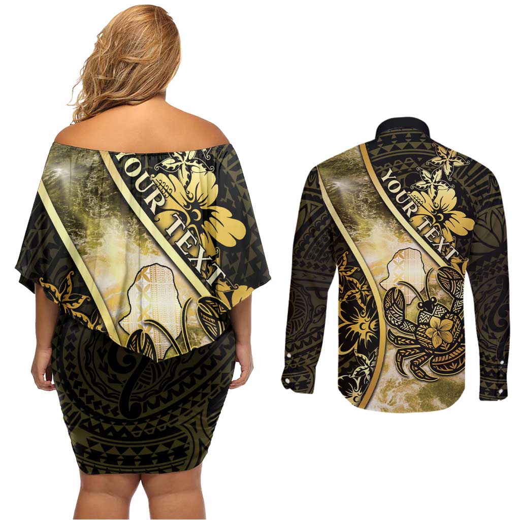 Personalised Niue Couples Matching Off Shoulder Short Dress and Long Sleeve Button Shirt Niuean Crab Waves Style DT05 - Polynesian Pride
