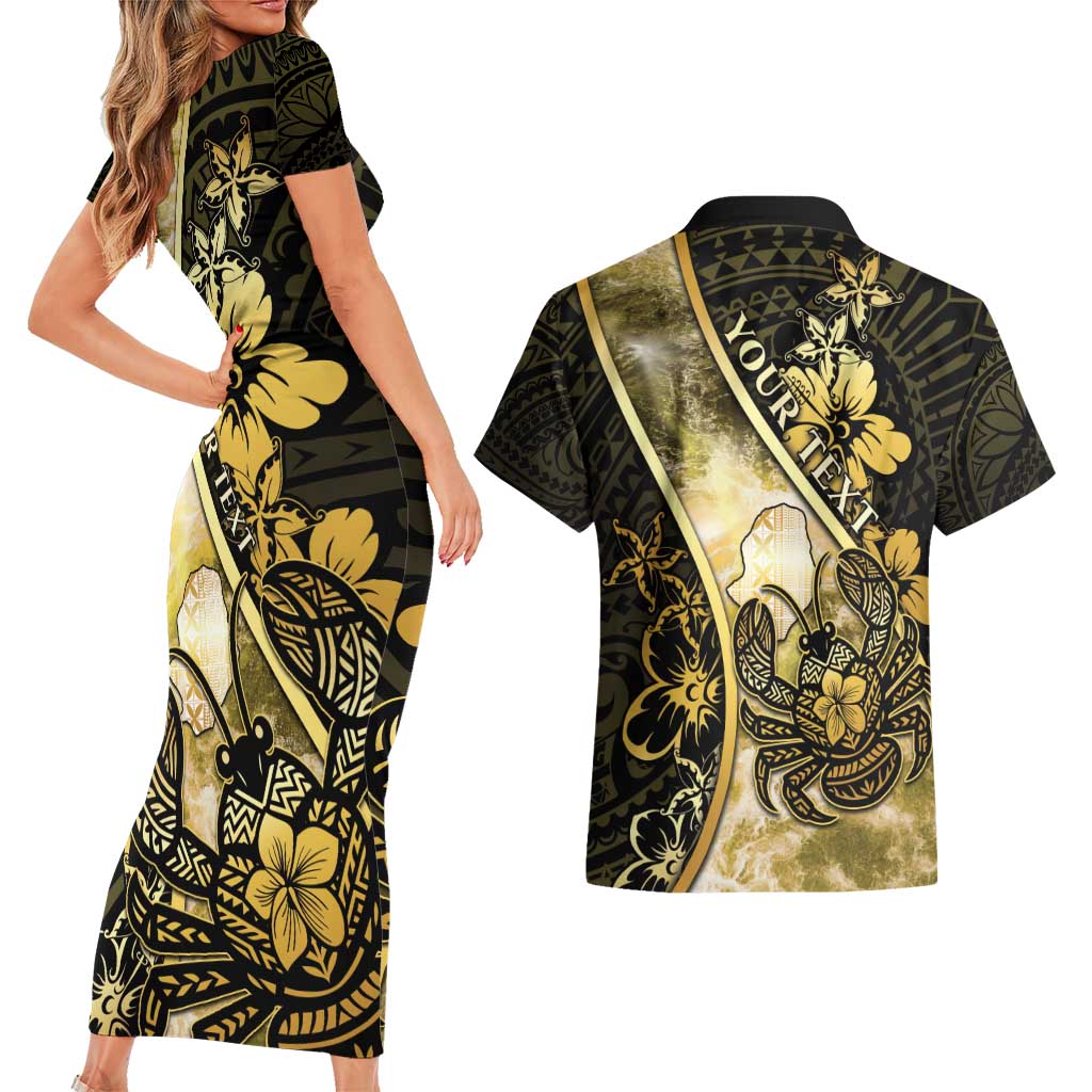 Personalised Niue Couples Matching Short Sleeve Bodycon Dress and Hawaiian Shirt Niuean Crab Waves Style