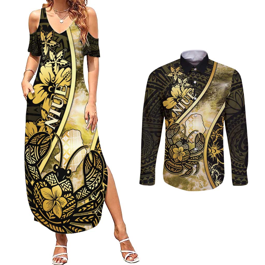 Personalised Niue Couples Matching Summer Maxi Dress and Long Sleeve Button Shirt Niuean Crab Waves Style DT05 Gold - Polynesian Pride