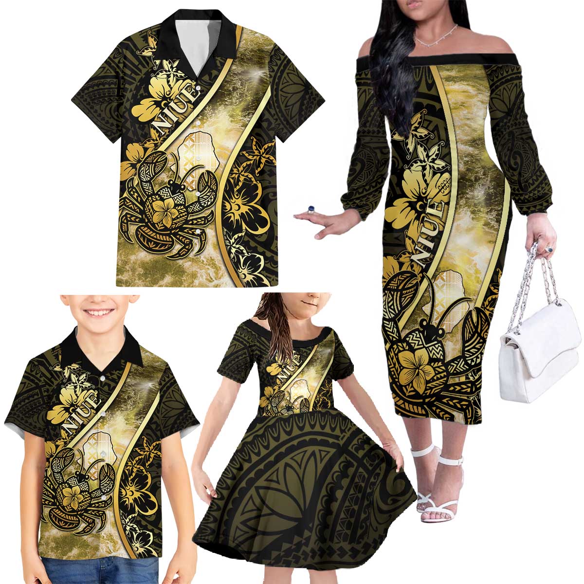 Personalised Niue Family Matching Off The Shoulder Long Sleeve Dress and Hawaiian Shirt Niuean Crab Waves Style