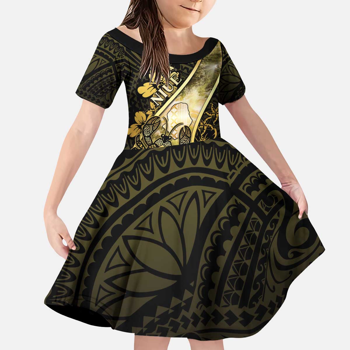 Personalised Niue Kid Short Sleeve Dress Niuean Crab Waves Style