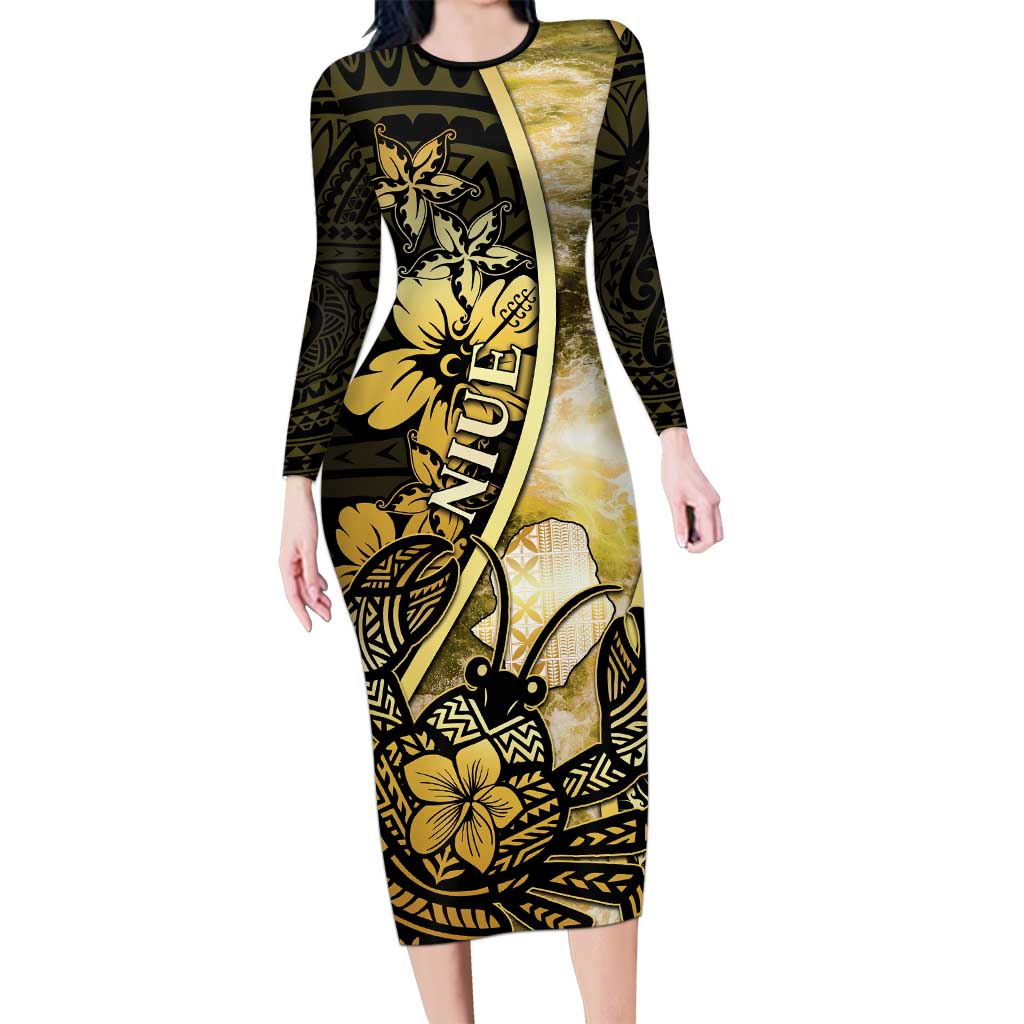 Personalised Niue Long Sleeve Bodycon Dress Niuean Crab Waves Style