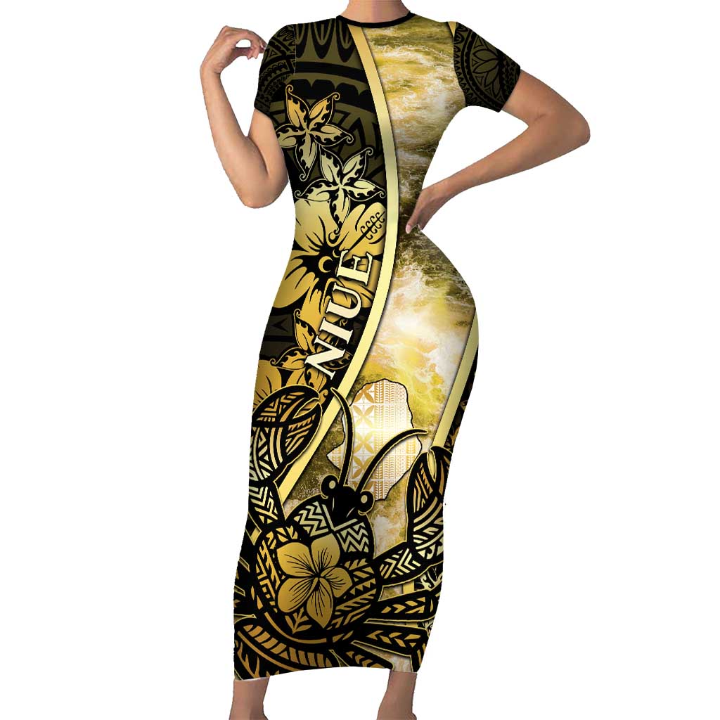 Personalised Niue Short Sleeve Bodycon Dress Niuean Crab Waves Style
