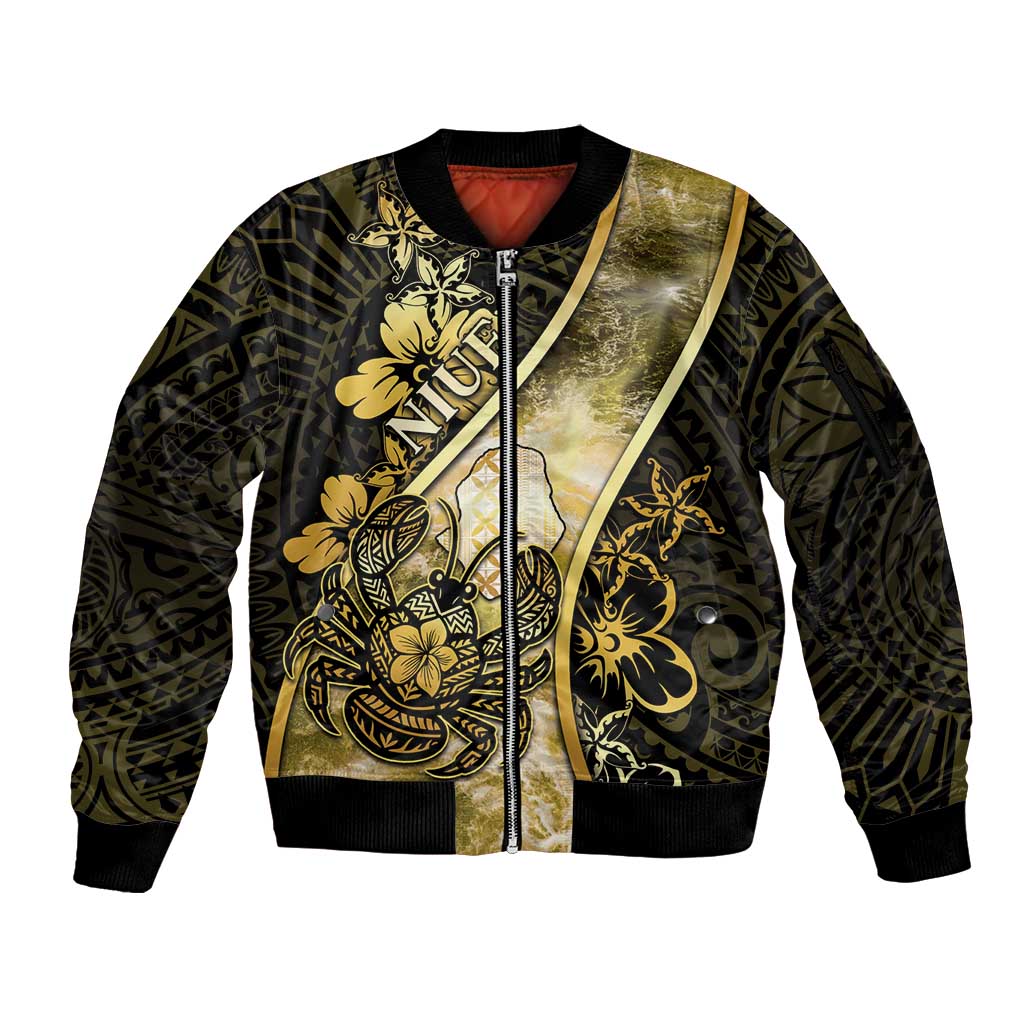 Personalised Niue Sleeve Zip Bomber Jacket Niuean Crab Waves Style DT05 Unisex Gold - Polynesian Pride