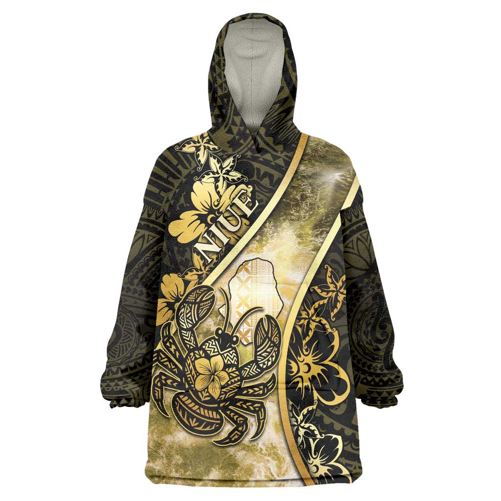 Personalised Niue Wearable Blanket Hoodie Niuean Crab Waves Style DT05 One Size Gold - Polynesian Pride