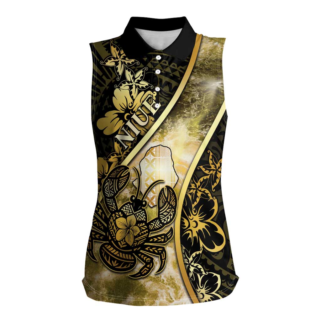 Personalised Niue Women Sleeveless Polo Shirt Niuean Crab Waves Style DT05 Female Gold - Polynesian Pride