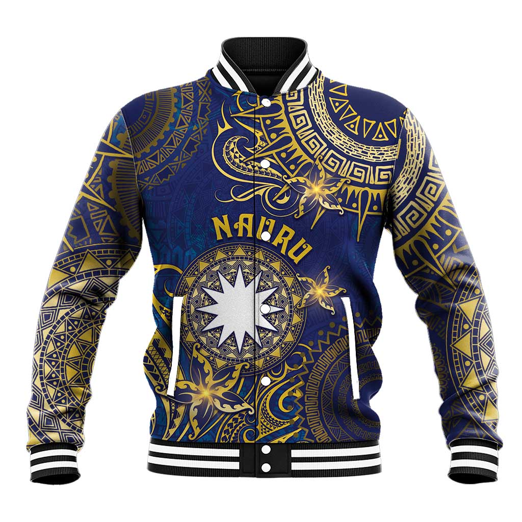 Personalised Nauru Baseball Jacket Hibiscus Polynesian Tribal Pattern