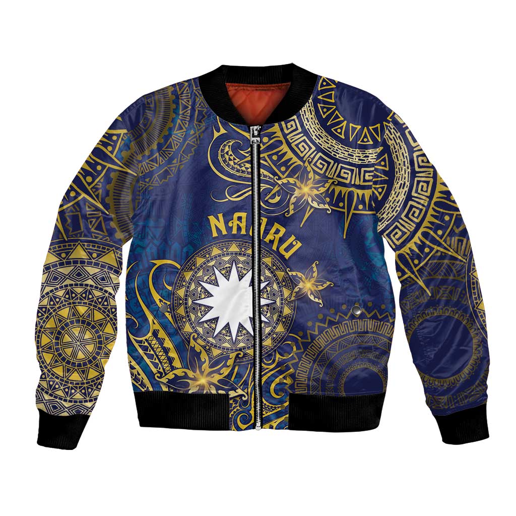 Personalised Nauru Bomber Jacket Hibiscus Polynesian Tribal Pattern