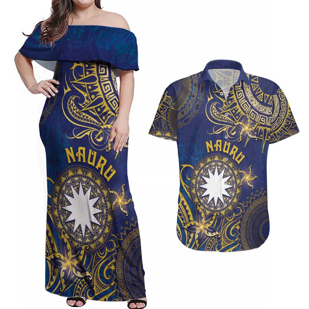 Personalised Nauru Couples Matching Off Shoulder Maxi Dress and Hawaiian Shirt Hibiscus Polynesian Tribal Pattern DT05 Navy - Polynesian Pride