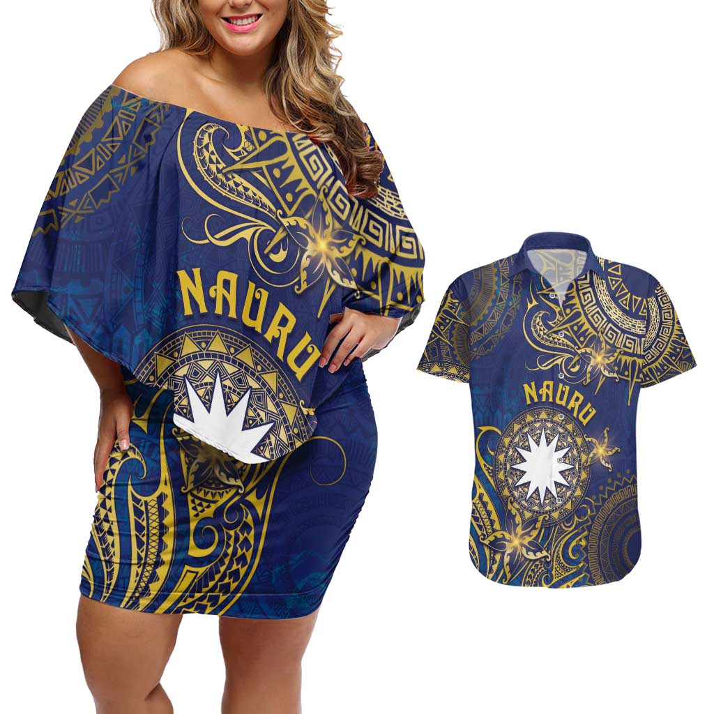 Personalised Nauru Couples Matching Off Shoulder Short Dress and Hawaiian Shirt Hibiscus Polynesian Tribal Pattern DT05 Navy - Polynesian Pride