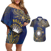 Personalised Nauru Couples Matching Off Shoulder Short Dress and Hawaiian Shirt Hibiscus Polynesian Tribal Pattern