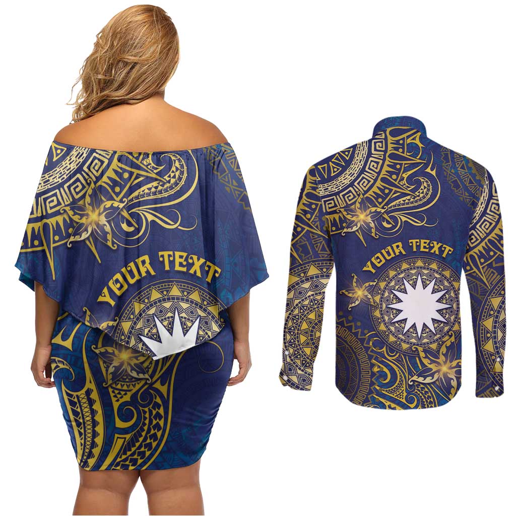 Personalised Nauru Couples Matching Off Shoulder Short Dress and Long Sleeve Button Shirt Hibiscus Polynesian Tribal Pattern