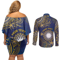 Personalised Nauru Couples Matching Off Shoulder Short Dress and Long Sleeve Button Shirt Hibiscus Polynesian Tribal Pattern