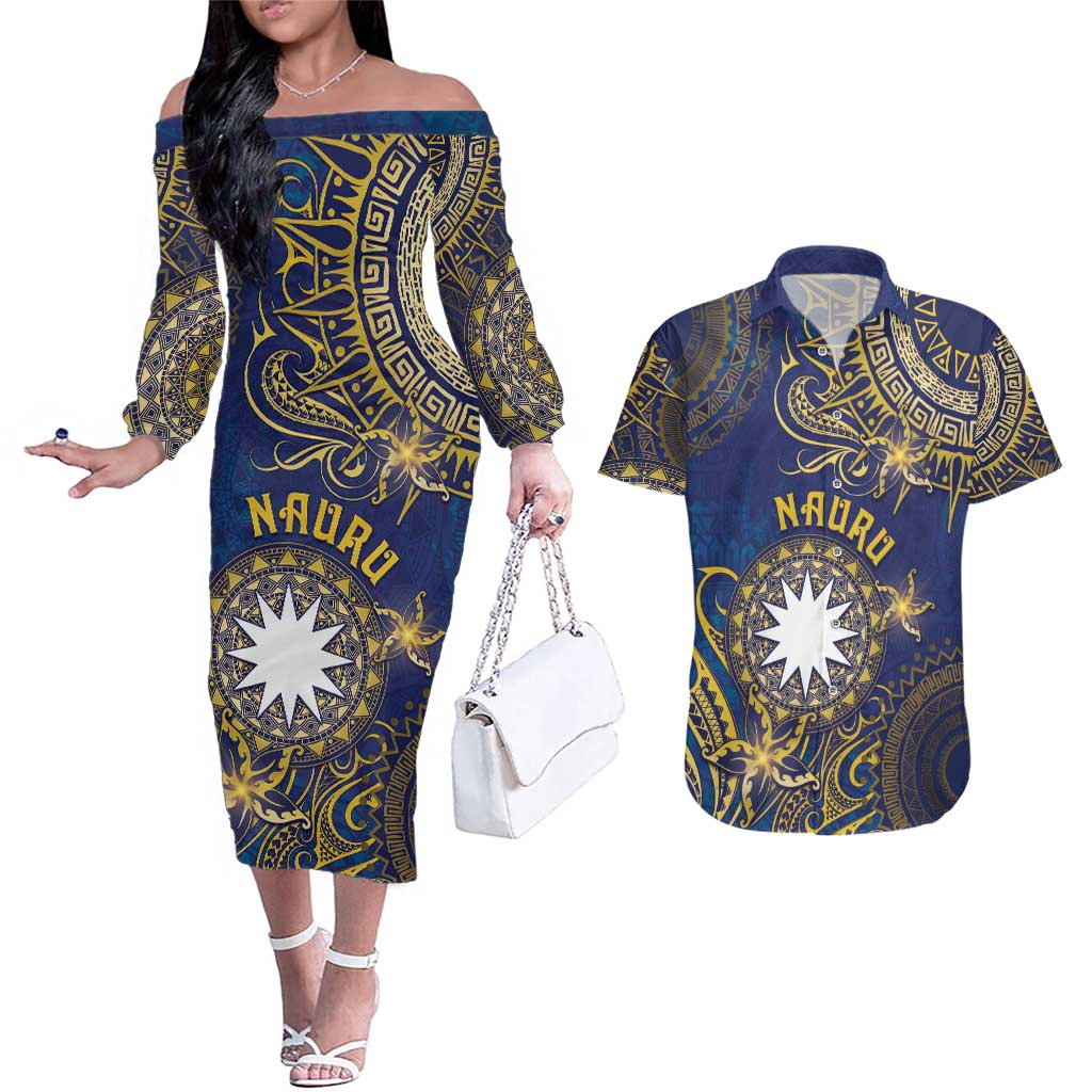 Personalised Nauru Couples Matching Off The Shoulder Long Sleeve Dress and Hawaiian Shirt Hibiscus Polynesian Tribal Pattern DT05 Navy - Polynesian Pride