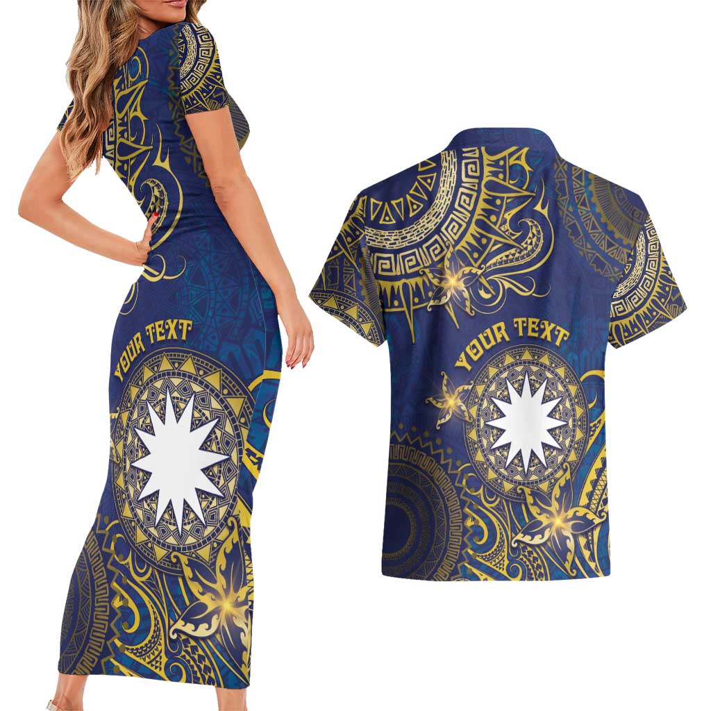 Personalised Nauru Couples Matching Short Sleeve Bodycon Dress and Hawaiian Shirt Hibiscus Polynesian Tribal Pattern