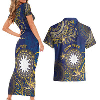 Personalised Nauru Couples Matching Short Sleeve Bodycon Dress and Hawaiian Shirt Hibiscus Polynesian Tribal Pattern