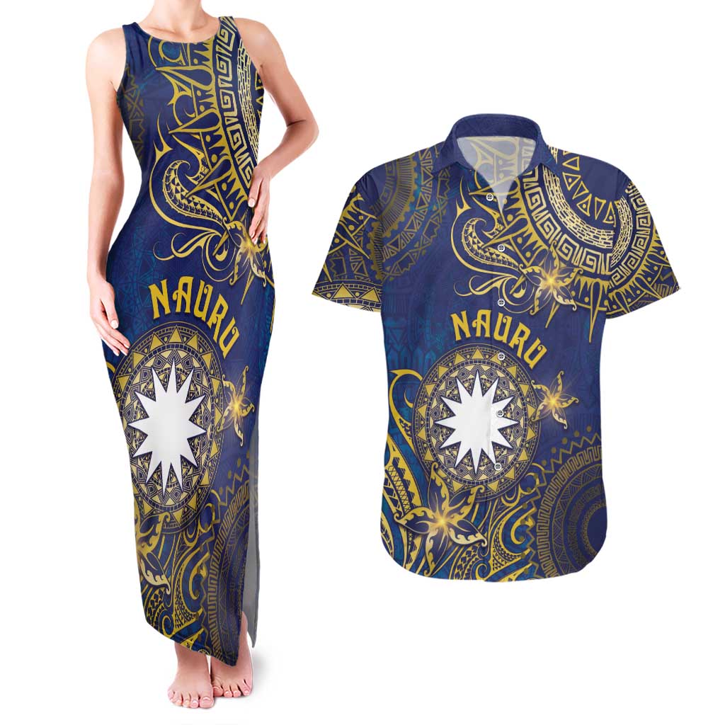 Personalised Nauru Couples Matching Tank Maxi Dress and Hawaiian Shirt Hibiscus Polynesian Tribal Pattern DT05 Navy - Polynesian Pride