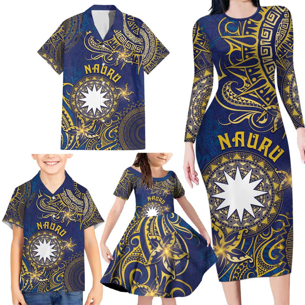 Personalised Nauru Family Matching Long Sleeve Bodycon Dress and Hawaiian Shirt Hibiscus Polynesian Tribal Pattern