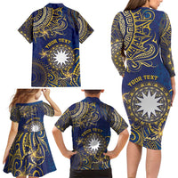 Personalised Nauru Family Matching Long Sleeve Bodycon Dress and Hawaiian Shirt Hibiscus Polynesian Tribal Pattern