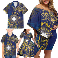 Personalised Nauru Family Matching Off Shoulder Short Dress and Hawaiian Shirt Hibiscus Polynesian Tribal Pattern