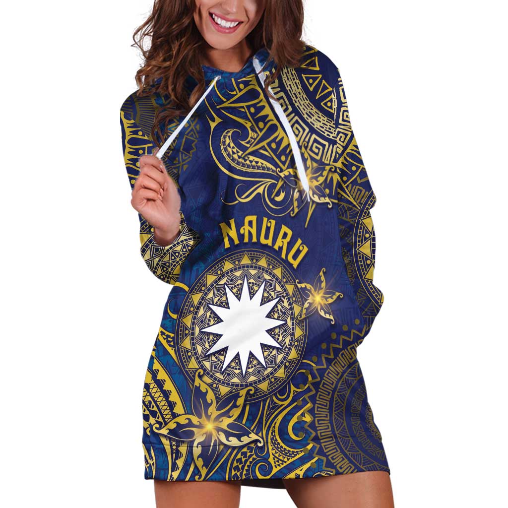 Personalised Nauru Hoodie Dress Hibiscus Polynesian Tribal Pattern DT05 Navy - Polynesian Pride