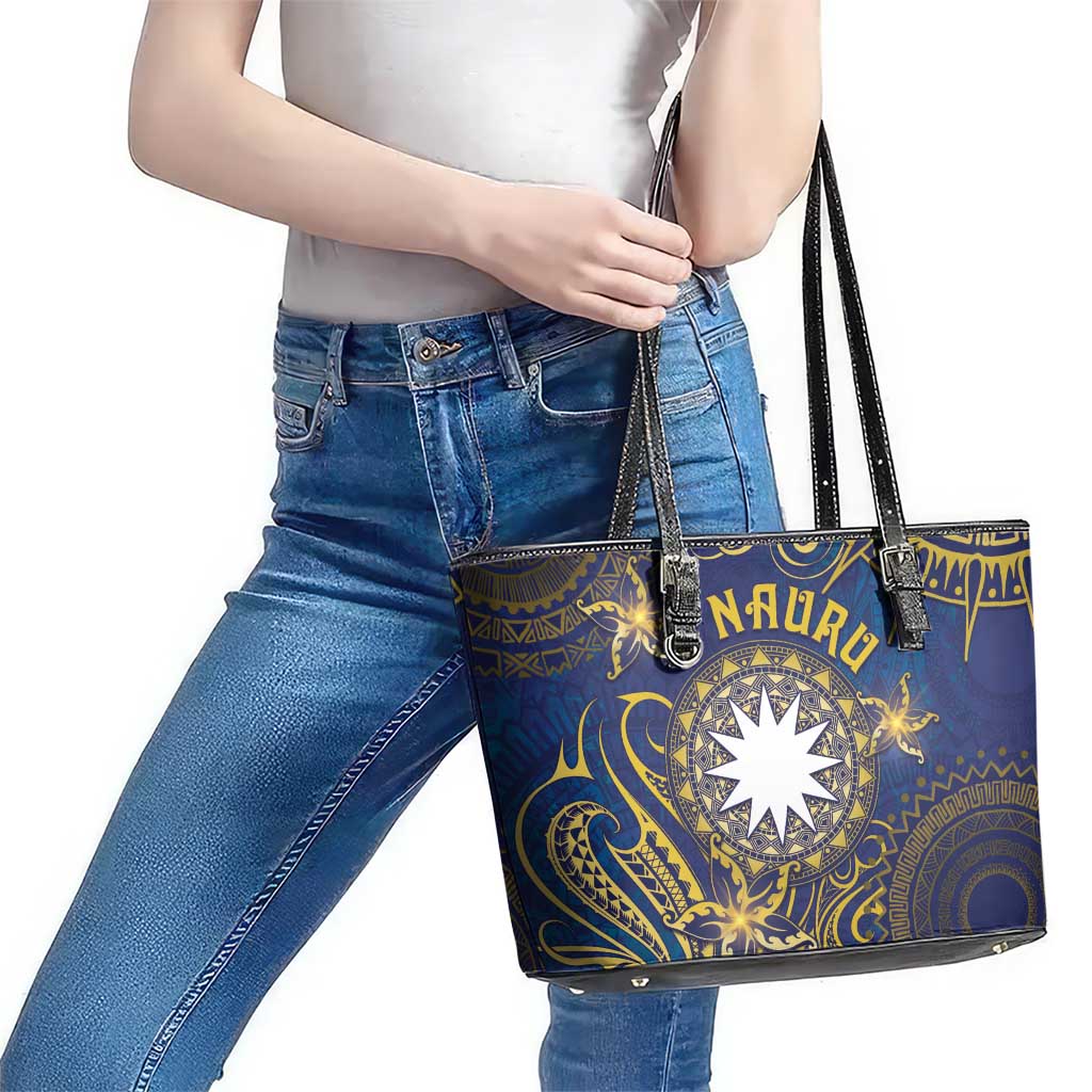 Nauru Leather Tote Bag Hibiscus Polynesian Tribal Pattern