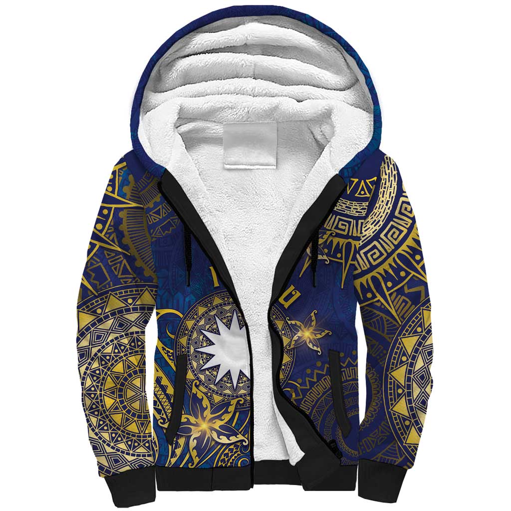 Personalised Nauru Sherpa Hoodie Hibiscus Polynesian Tribal Pattern DT05 Unisex Navy - Polynesian Pride