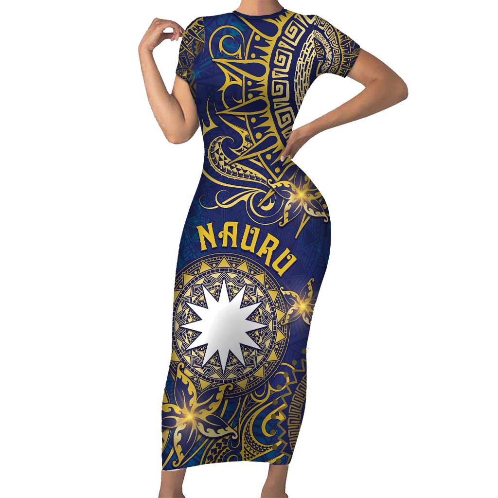 Personalised Nauru Short Sleeve Bodycon Dress Hibiscus Polynesian Tribal Pattern - Polynesian Pride Personalised Nauru Short Sleeve Bodycon Dress Hibiscus Polynesian Tribal Pattern - Polynesian Pride