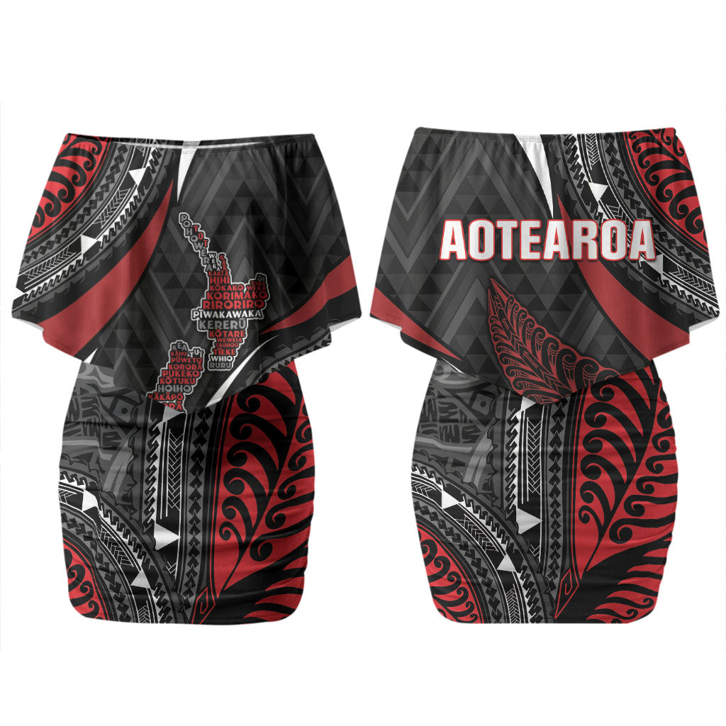 Aotearoa New Zealand Native Birds Map Couples Matching Off Shoulder Short Dress and Hawaiian Shirt Silver Fern Tribal Pattern DT05 - Polynesian Pride