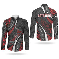 Aotearoa New Zealand Native Birds Map Couples Matching Off The Shoulder Long Sleeve Dress and Long Sleeve Button Shirt Silver Fern Tribal Pattern DT05 - Polynesian Pride